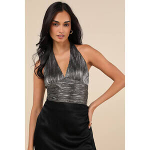 Lulus Enchanting Moves Gunmetal Silver Lurex Halter Crop Top - Size S